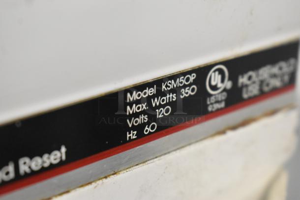 KitchenAid KSM50P label showing 350 watts, 120 volts, and 60 Hz. For household use.