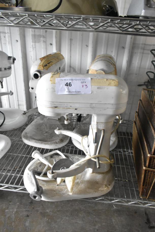 Three KitchenAid KV25G0XWW/KSMC50S 5 Quart Dough Mixers with 2 dough hooks, 1 paddle. Used, 115V, 1 Phase. Quantity: 3.