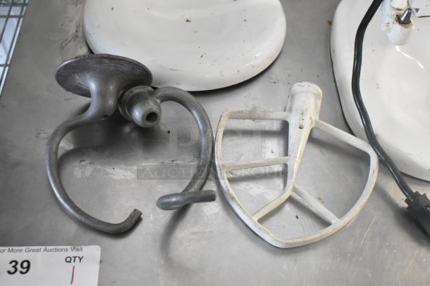 KitchenAid 5 Qt dough mixer attachments: 2 metal dough hooks, 1 paddle; used condition, fits KV25G0XWW/KSMC50S models.