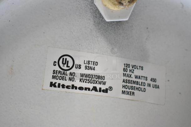 KitchenAid KV25G0XWW mixer label showing UL certification, 120 volts, 60 Hz, 450 watts, made in USA.