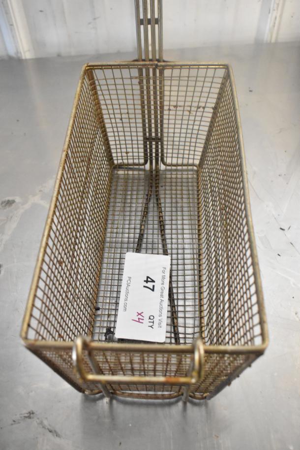 Four metal fry baskets, lightly used, rectangular shape, wire mesh design with handles. Auction tag reads: Qty 4x, Lot 47.
