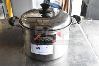 Potking stainless steel stock pot with lid, black handles. Label shows model name; good condition. Auction lot number 49.
