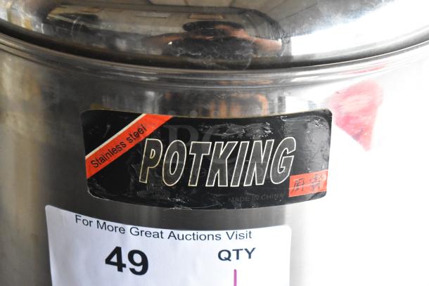 Potking stainless steel stock pot with lid, featuring label "Stainless steel, Potking, Made in China." Visible auction tag "49."