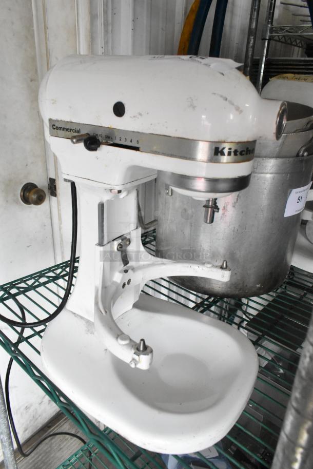 KitchenAid 5 Quart Metal Dough Mixer, used condition, 115 volts, 1 phase. Features visible speed settings and labels.