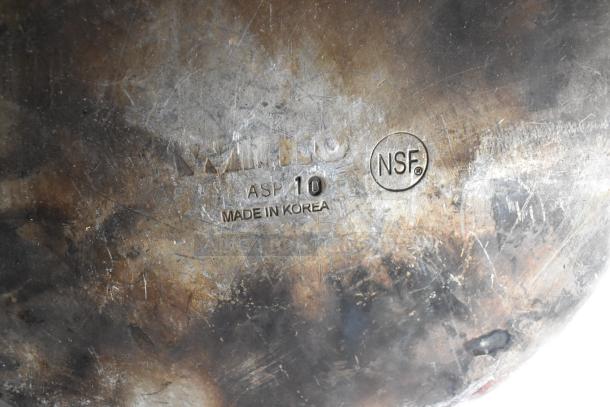 Three metal cookware items, including a stock pot and two saucepans. Markings: "KWILCO ASP 10, NSF, Made in Korea." Scratched surface.