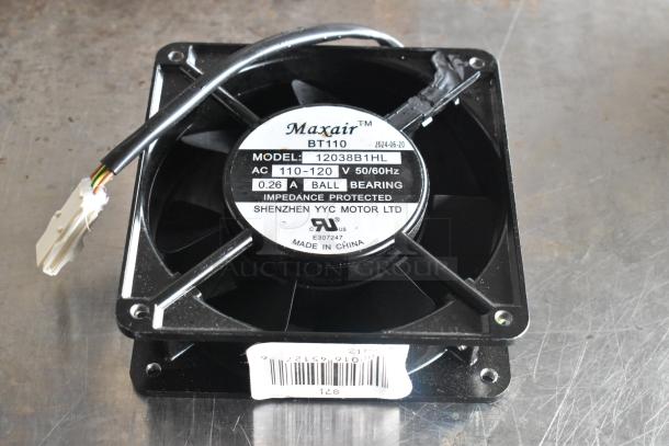 Maxair BT110 fan, model 12038B1HL, AC 110-120V, 0.26A. Includes drip tray and wire. Made by Shenzhen YYC Motor Ltd.