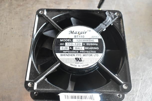 Maxair BT110 fan with model 12038B1HL, AC 110-120V, 0.26A, ball bearing, made by Shenzhen YYC Motor Ltd, in good condition.