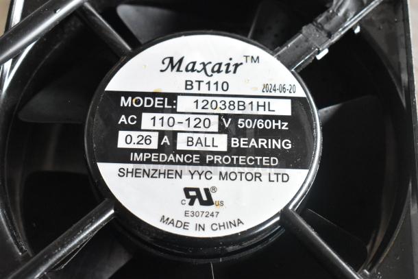 Maxair BT110 fan with label showing model 12038B1HL, 110-120V, 50/60Hz, 0.26A, Shenzhen YYC Motor Ltd, made in China.