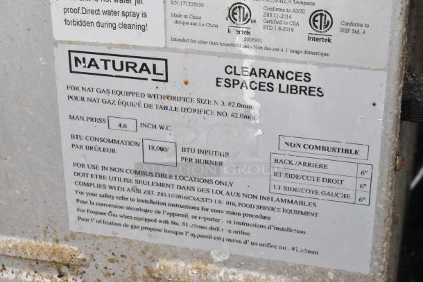 Label on 2017 Copper Beech CBCO-G convection oven shows it is natural gas powered, 54,000 BTU, with safety and clearance info.