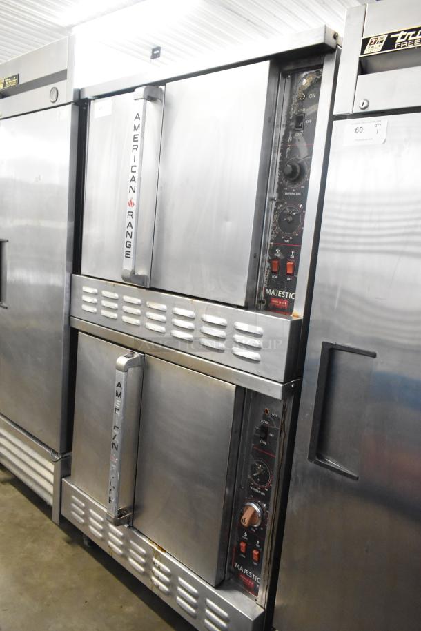 American Range Majestic stainless steel convection ovens, solid doors, thermostatic controls, on commercial casters.