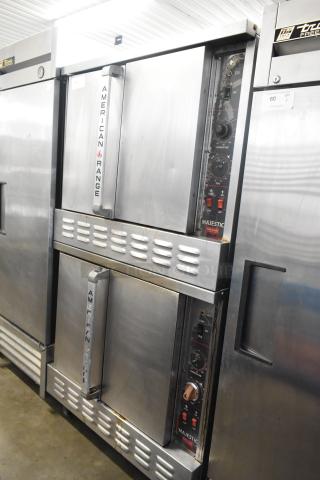 American Range Majestic stainless steel convection ovens, solid doors, thermostatic controls, on commercial casters.
