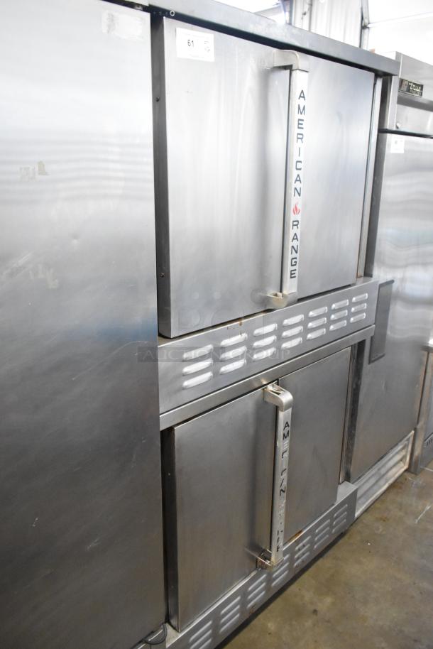 American Range Majestic stainless steel convection oven, solid doors, thermostatic controls, on commercial casters.