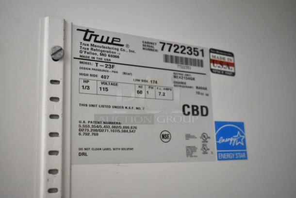 True T-23F Stainless Steel Freezer label, 115V, 1 Phase, NSF certified, Energy Star, serial 7722351, USA made.