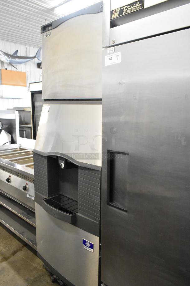 Scotsman Prodigy C0530SW-1C stainless steel ice head on Manitowoc ice bin and dispenser, 115V, 1 phase, commercial use.