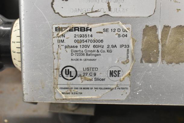 Bizerba SE 12 D US commercial meat slicer label, showing model, serial number, 120V, 1 phase, UL and NSF listings.