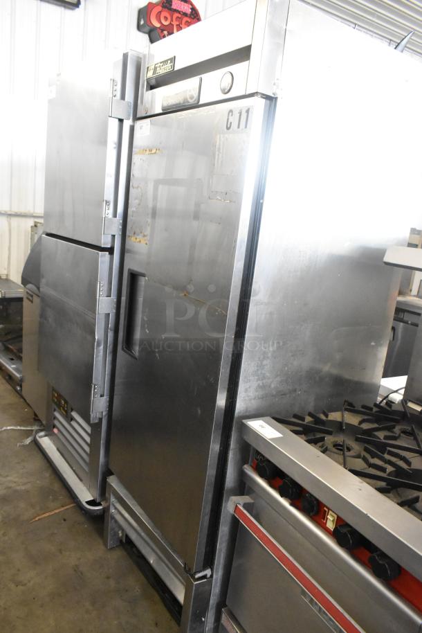 True T-23F Commercial Cooler, stainless steel, single door, visible wear, 115 volts, 1 phase, model label shown.