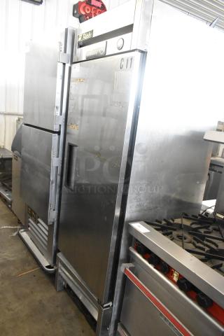 True T-23F Commercial Cooler, stainless steel, single door, visible wear, 115 volts, 1 phase, model label shown.