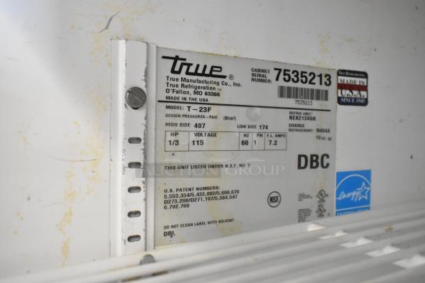 True T-23F commercial cooler, stainless steel, Model T-23F, 115 volts, single phase. Serial number 7535213.