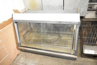 Marchia MHCC136 metal countertop heated display case, glass front, with shelves, 115 volts, used condition.