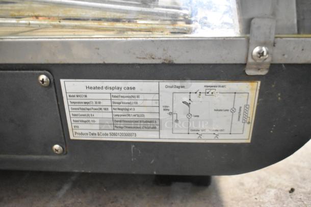 Marchia MHCC136 heated display case label, showing model, temperature range, power input, and circuit diagram.
