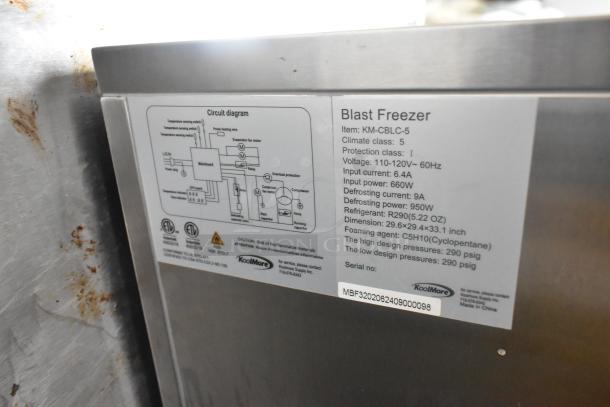 KoolMore KM-CBLC-5 Stainless Steel Blast Chiller with label showing specifications and serial number MBF3202062409000098.