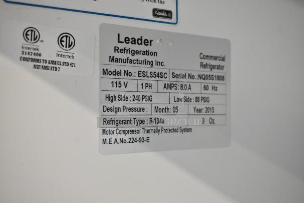 Leader ESLS54SC metal commercial 2-door cooler. Model details: 115V, 1-phase, R-134a refrigerant. Serial: NQ05S1808.