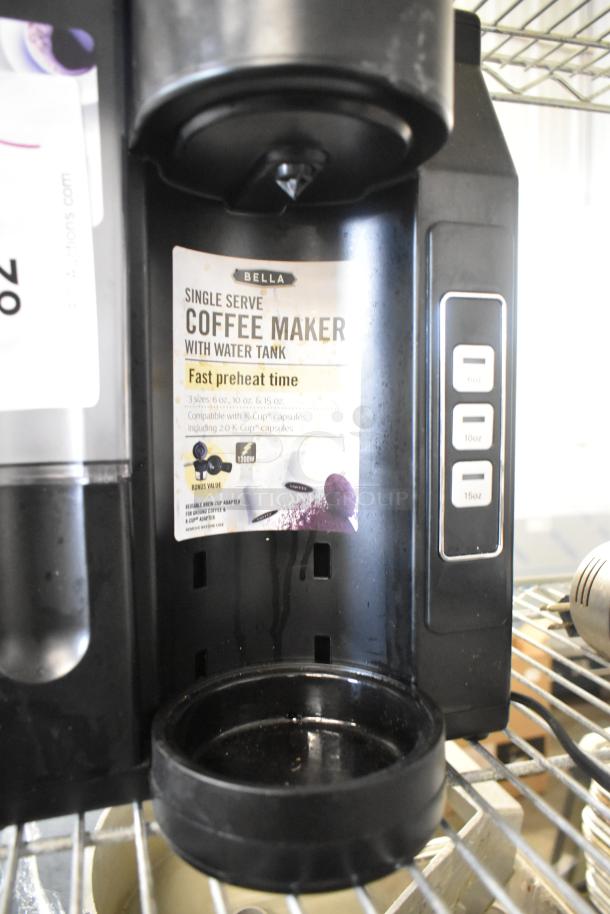 Bella TSK-1187R5B Single Cup Coffee Machine, black, 120V, 3 brew sizes, fast preheat, uses K-Cup capsules, lightly used.