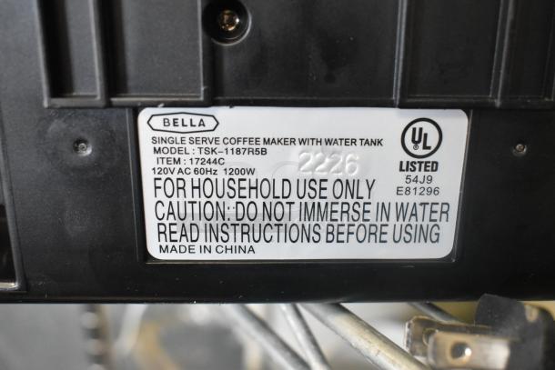 Bella TSK-1187R5B single cup coffee maker label, 120V, 1200W, UL listed. For household use only, made in China.