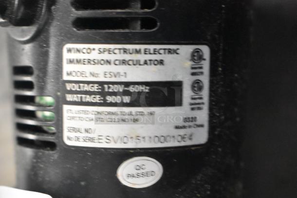 Winco Spectrum ESVI-1 Immersion Circulator, model ESVI-1, 120 volts, 900W, ETL certified, label showing technical details.