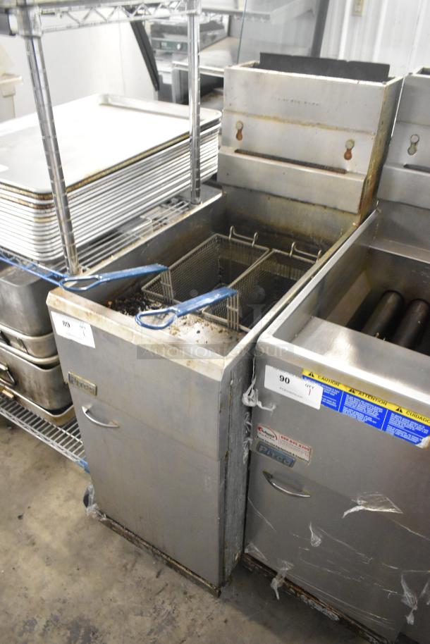 Pitco Frialator 40D stainless steel commercial deep fryer with two metal baskets, natural gas powered, showing moderate use.