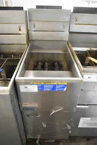 2016 Pitco Frialator 35C stainless steel commercial deep fat fryer, 90,000 BTU, on casters, natural gas powered. Visible usage marks.