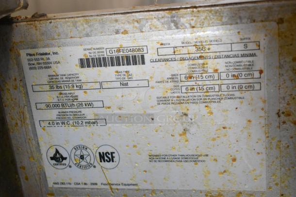 2016 Pitco Frialator 35C fryer label, showing model, 90,000 BTU output, and natural gas power. NSF certified.
