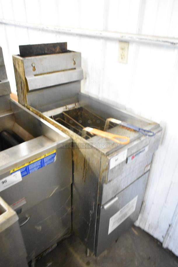 Cecilware Pro stainless steel commercial gas fryer with 2 metal baskets. Visible wear on surface; labels and notices present.