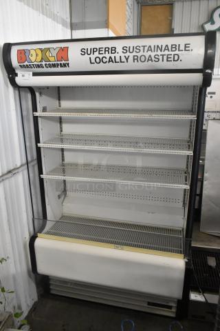 True TAC-48GS-LD commercial grab-n-go merchandiser, metal, open-front, 208-230V, 1 phase. "Brooklyn Roasting Company" signage.