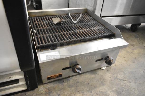 Copper Beach stainless steel commercial countertop gas charbroiler grill, featuring dual control knobs. Moderate wear.