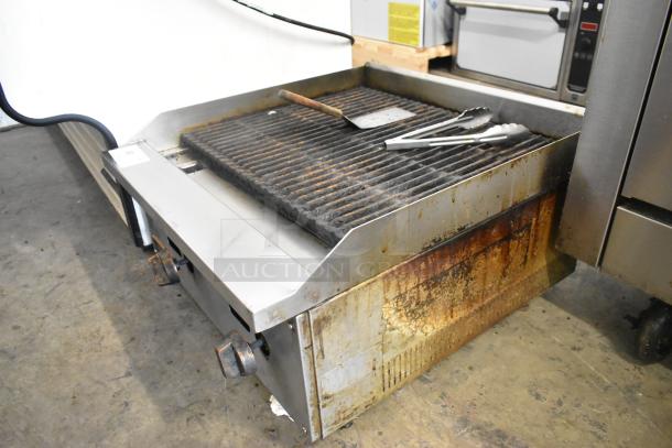 Copper Beach stainless steel commercial countertop gas charbroiler grill, used condition, showing wear and rust on sides.