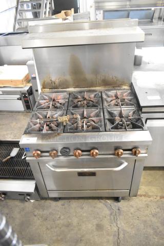 Copper Beech CBR-6 stainless steel gas range with 6 burners, oven, overshelf, backsplash, on casters. 211,000 BTU.