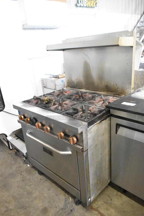 Copper Beech CBR-6 stainless steel 6-burner gas range with oven, overshelf, backsplash, 211,000 BTU, on casters.