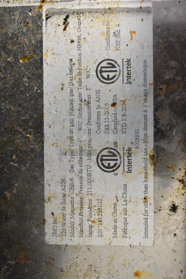 Copper Beech CBR-6 label showing model, natural gas type, 211,000 BTU, Intertek certification, and ANSI conformity details.