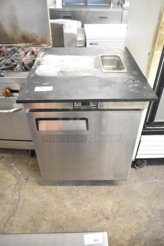 2017 Bison BST-27 stainless steel work top cooler on commercial casters. Single door, 115V, 1 phase, durable condition.