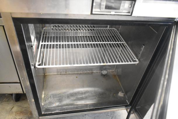 2017 Bison BST-27 stainless steel work top cooler, single door, commercial casters, 115V, 1 phase, interior shelf visible.