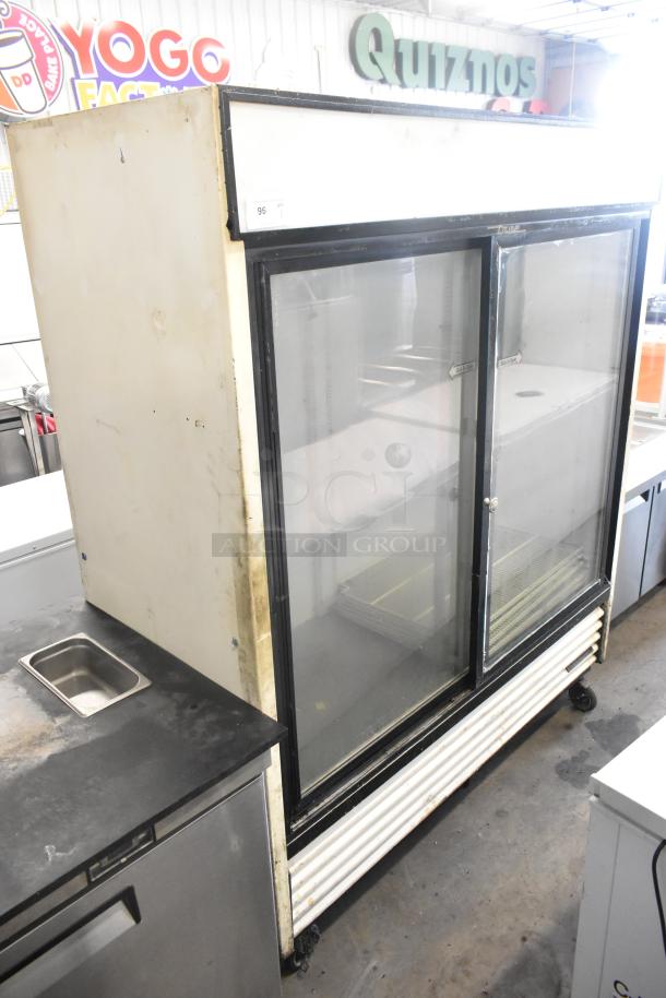 True GDM-61 metal commercial 2-door reach-in cooler on casters, 115V, 1 phase, used condition.