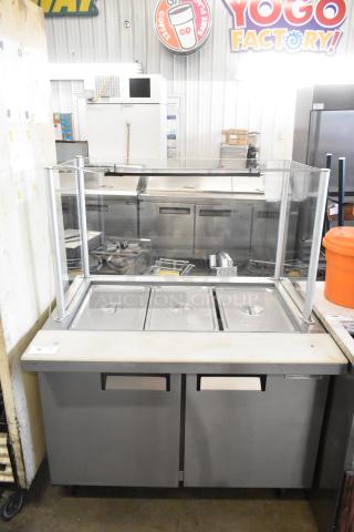 Coldline SMP48 stainless steel commercial prep table with sneeze guard, on casters, 115 volts, 1 phase.
