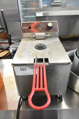 2023 Eggkitpo EGEF-12L metal countertop fryer, electric, single bay, includes red-handled fry basket and lid, 120V, 1 phase.