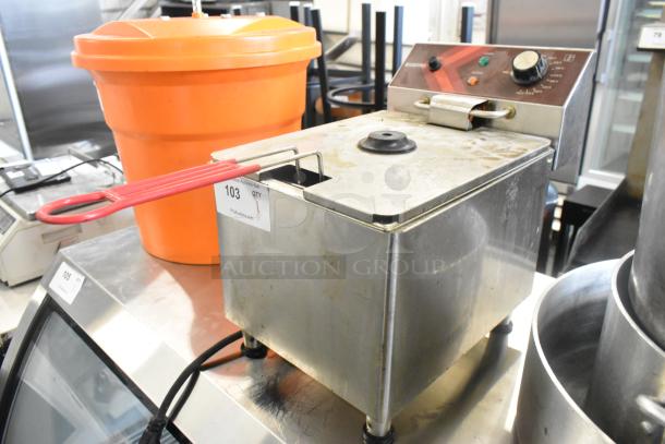 2023 Eggkitpo EGEF-12L metal countertop electric fryer with basket and lid. Model 103 tag visible. 120V, single-phase.