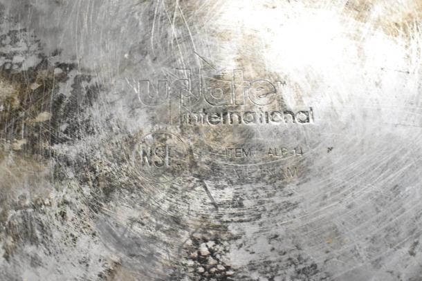 3 Update International metal stock pots, item ALP-14, showing wear and NSF certification.