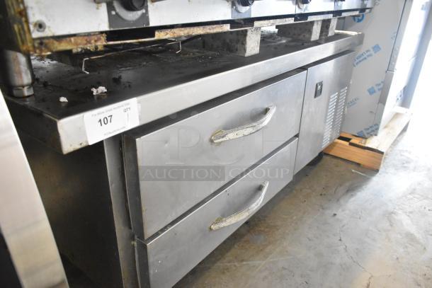 Beverage Air WTRCS52-1-60 stainless steel 2-drawer chef base on casters. Used condition, 115V, 1 phase. Item tag visible.
