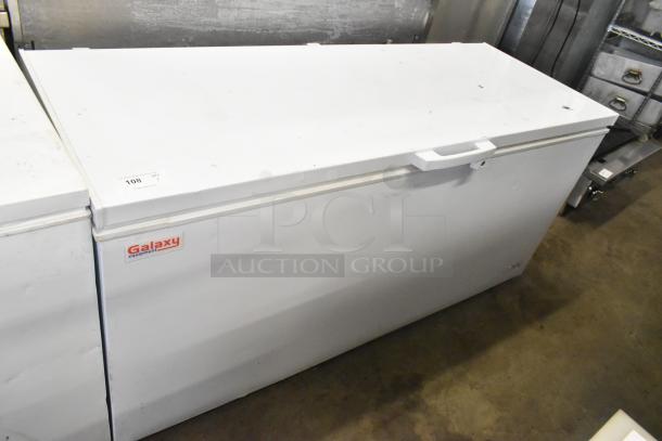 Galaxy 177CF20HC metal chest freezer with hinge lid, 115 volts, 1 phase, white, minor surface wear, label intact.