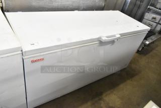 Galaxy 177CF20HC metal chest freezer with hinge lid, 115 volts, 1 phase, white, minor surface wear, label intact.