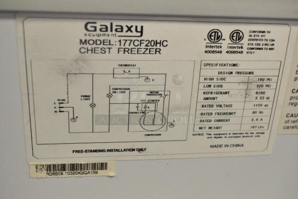 Galaxy 177CF20HC metal chest freezer label with specifications. Model, voltage, refrigerant, and pressure info visible.